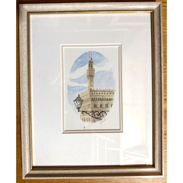 framed watercolor painting depicting the Palazzo Vecchio in Florence, Italy, serving as a decorative