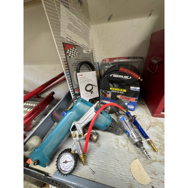 Makita drill, heat gun, die grinder, Power Fist, MasterCraft air chuck, 20 piece 31 inch tie downs, 
