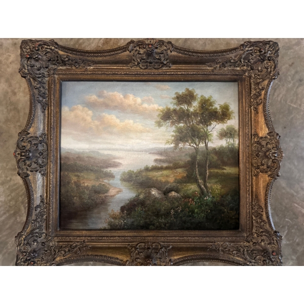  vintage framed oil on canvas painting featuring a serene river landscape scene. 
Medium: Oil painti