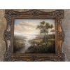 Image 1 :  vintage framed oil on canvas painting featuring a serene river landscape scene. 
Medium: Oil painti