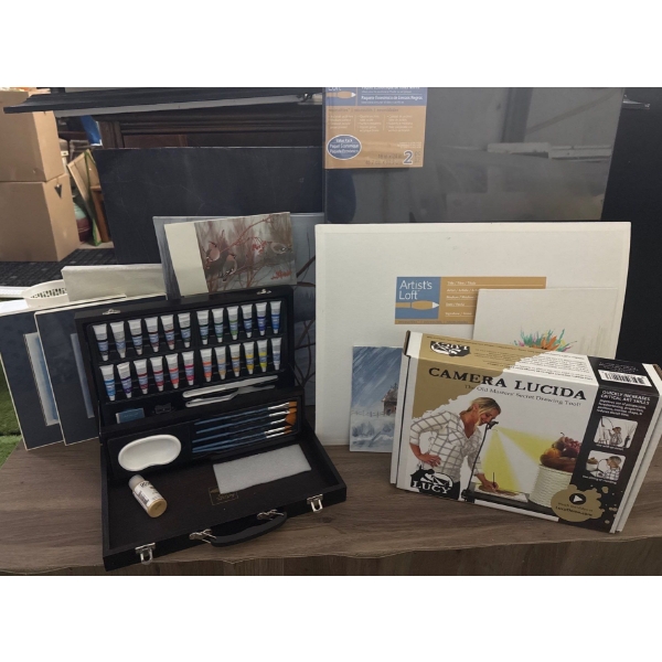 Assorted Painting/Artist Supplies Camera Lucida, Acrylic Paints, Canvases & Art