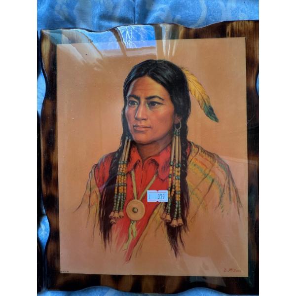 Native American figure in traditional regalia. The artwork features intricate beadwork, feathers, a