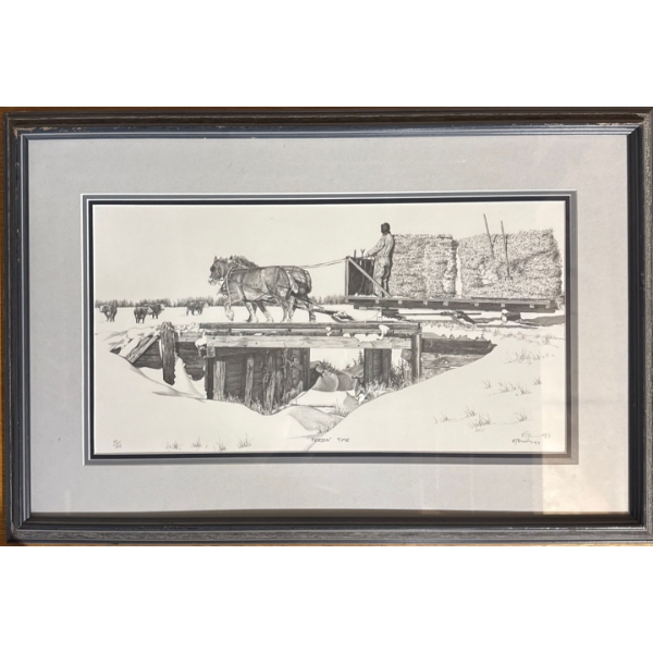  matted print titled "FEEDIN' TIME" by W.R. Doherty, depicting a western scene of a cowboy feeding c