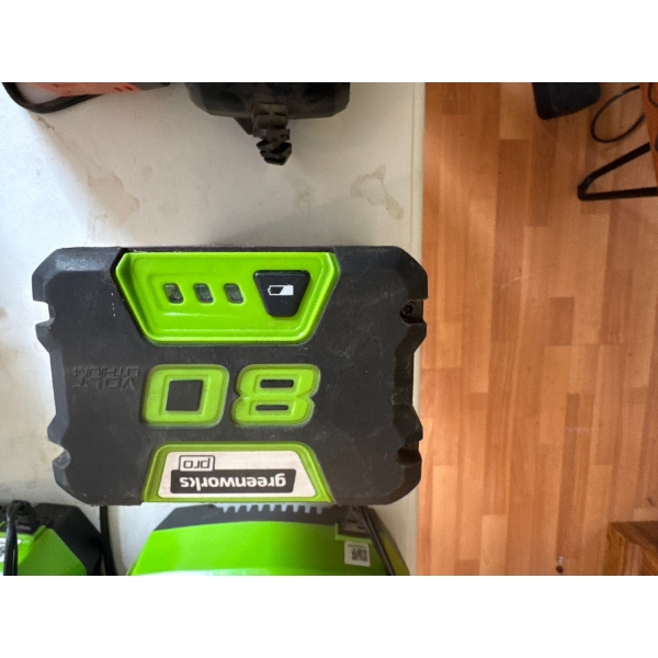 Greenworks Pro 80V lithium-ion battery, commonly used in outdoor power equipment. 
Voltage: 80 Volts