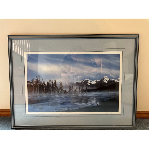  framed landscape art print, likely featuring a Canadian scene such as a mountain lake with pine tre