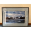 Image 1 :  framed landscape art print, likely featuring a Canadian scene such as a mountain lake with pine tre