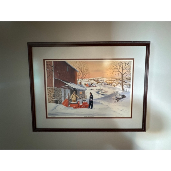  Framed art print titled "Sharing The Memories" by artist Jerry Raedeke, featuring Polaris snowmobil