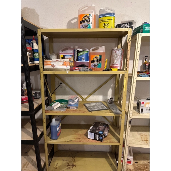 Metal shelving unit with all contents included, Shelving unit is 35.5in wide 69in tall and 15.5in de
