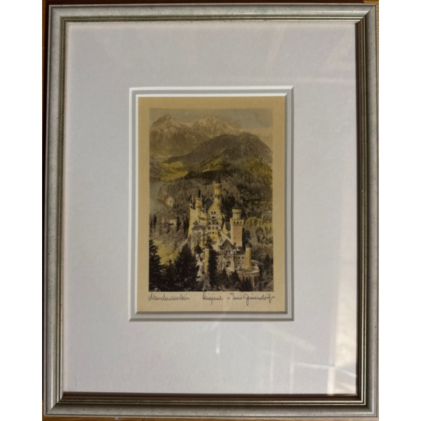This framed and matted artwork is an original Neuschwanstein Castle piece by artist Ernst Geissendor