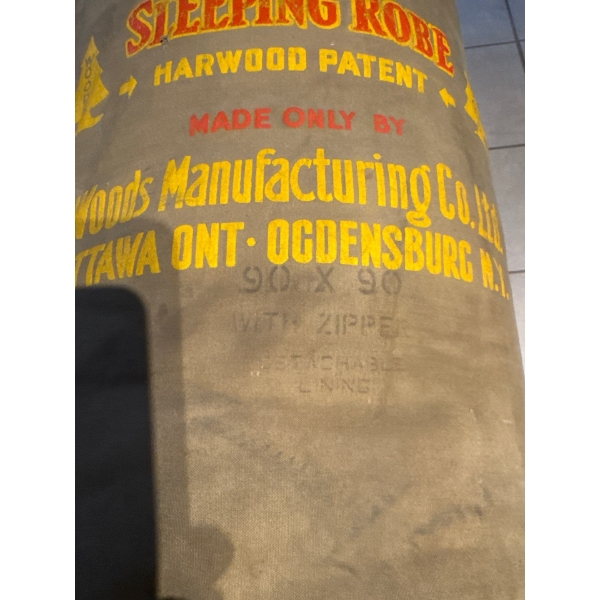 Vintage sleeping bag, Woods Arctic sleeping robe, hardwood patent. Made only by Woods Manufacturing 