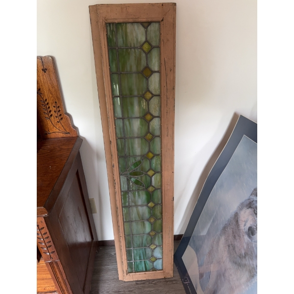 Rectangular leaded stained glass panel with geometric pattern and green, gold, and clear glass. Set 