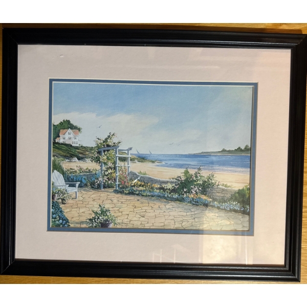  framed and matted watercolor painting featuring a coastal scene with a garden path, stone wall, and