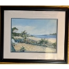 Image 1 :  framed and matted watercolor painting featuring a coastal scene with a garden path, stone wall, and