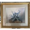 Image 4 :  framed decorative painting featuring a floral arrangement with blue flowers, likely anemones, arran