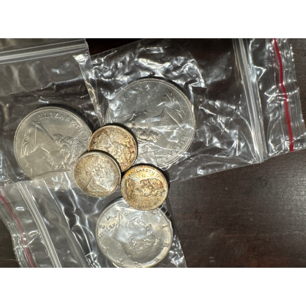 Dollars and 50¢ piece. American 50¢ piece and silver dimes.