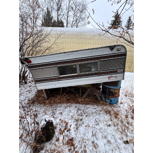 Vintage truck canopy. Barrels, good for bear baiting. Saw horses, all contents included.