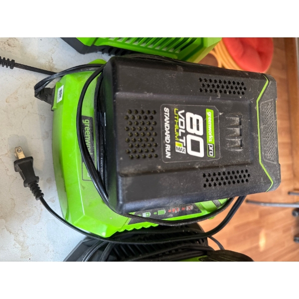  Greenworks Pro 80V cordless tool battery charging on its dock.
Item: Greenworks 80V Pro Lithium-ion
