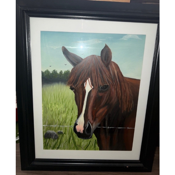 Painting Of A Horse In A Field Looking Over Barb Wire Fence  Artist Unknown