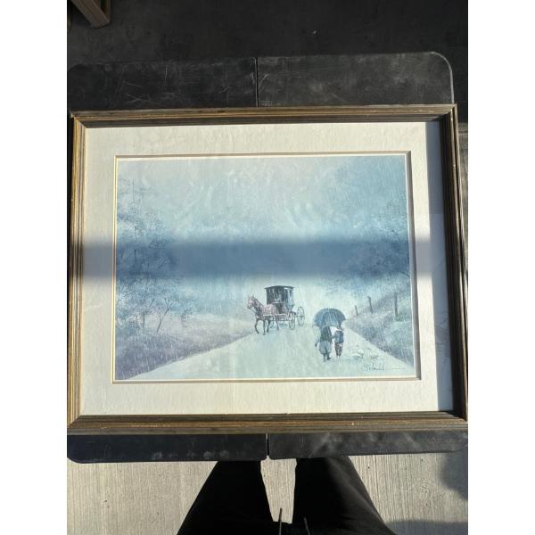 HORSE DRAWN SLEIGH WITH 2 PEOPLE IN A SNOWY OPEN LANDSCAPE 