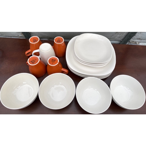 White Plain-Jane Dish Set W/IKEA Orange Mugs ( Setting For Four)