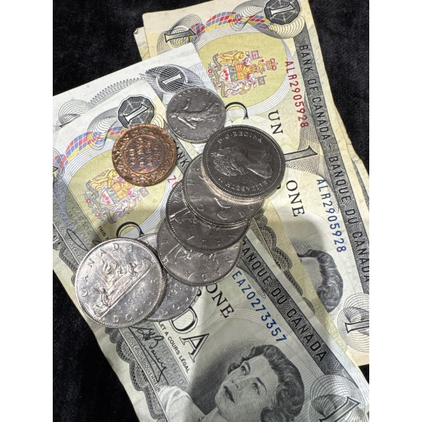 NICKLE DOLLARS AND 1 DOLLAR BILLS AND LARGE 1 CENT COIN