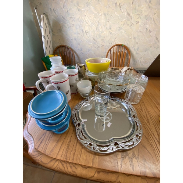  Various glassware, cups, and serving tray