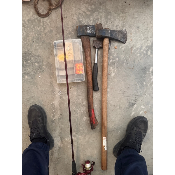 Camping axes, a splitter, regular ax, hatchet, and mantis Shakespeare fishing rod with mantis reel