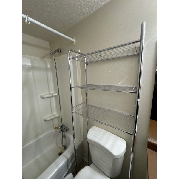 everything in bathroom in the basement, including metal rack, shelf, garbage can, anything under the