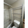 Image 1 : everything in bathroom in the basement, including metal rack, shelf, garbage can, anything under the