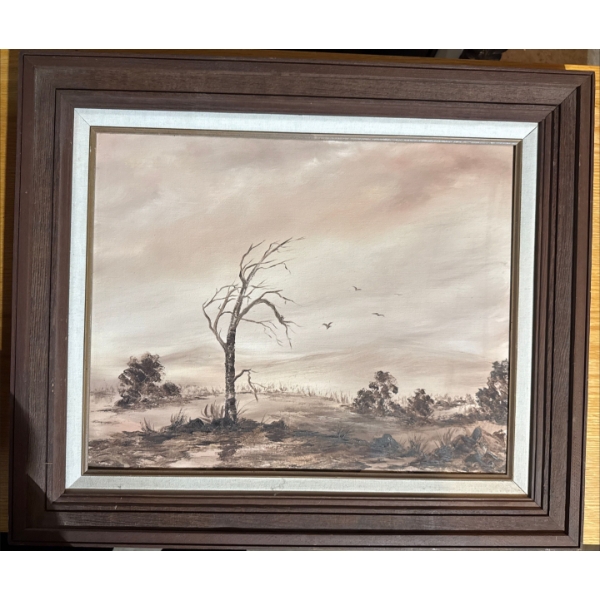  vintage landscape painting featuring a prominent, wind-blown tree in a muted, monochrome palette. 

