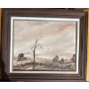 Image 1 :  vintage landscape painting featuring a prominent, wind-blown tree in a muted, monochrome palette. 
