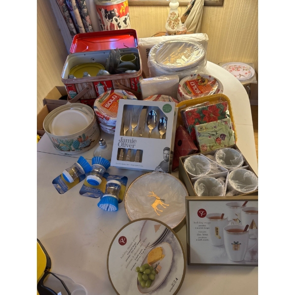 24, PC holiday mugs, set of four, and set of four holiday dessert plates. Paper plates, solo paper p