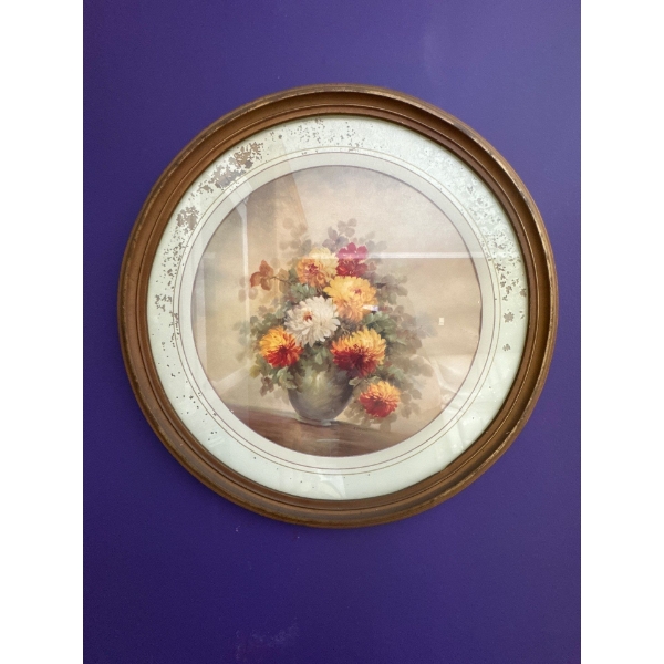  vintage, circular framed still life art print featuring a floral bouquet in a vase, commonly attrib