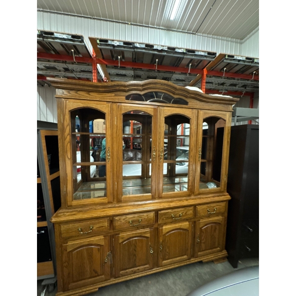 China cabinet with mirrors. 77 inches long by 18 inches wide by 34 inches high for the bottom half. 