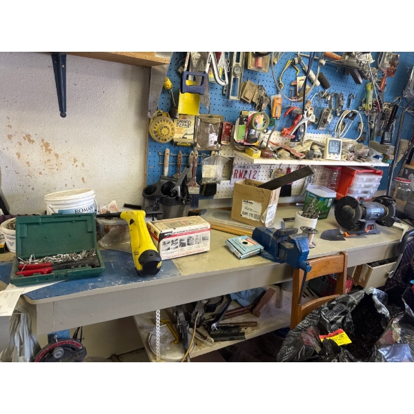 All contents on top shelf of bench. Bench grinder and vice, excluding the vice.