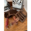 Image 2 : Two Old Hickory knives, a western rodeo-themed metal belt buckle, a wooden bar cart with casters and
