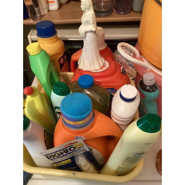 Collection of various household cleaning supplies The collection includes multi-purpose cleaners, sp
