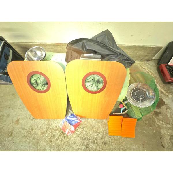 Beanbag toss game, camping foamy, tire pressure gauge monitor, propane heater, wheel chocks, and bag