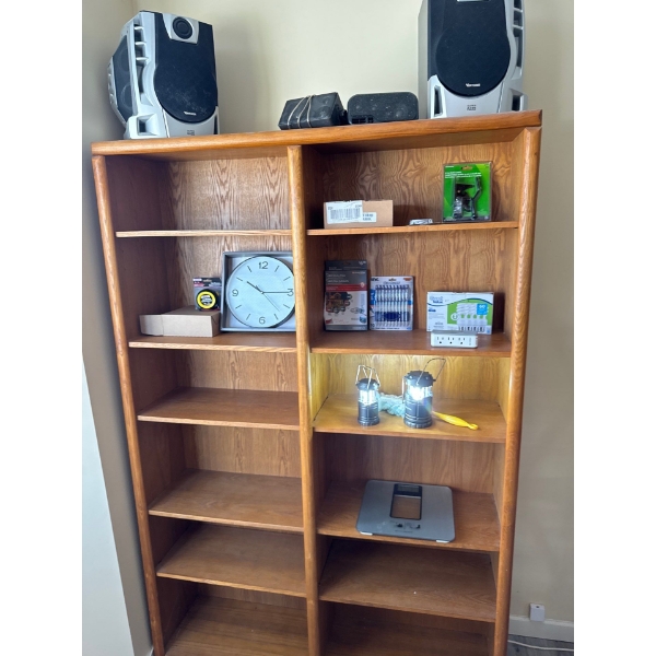 Great condition bookshelf with all contents included. Two portable camping lights, weigh scale, 60 w