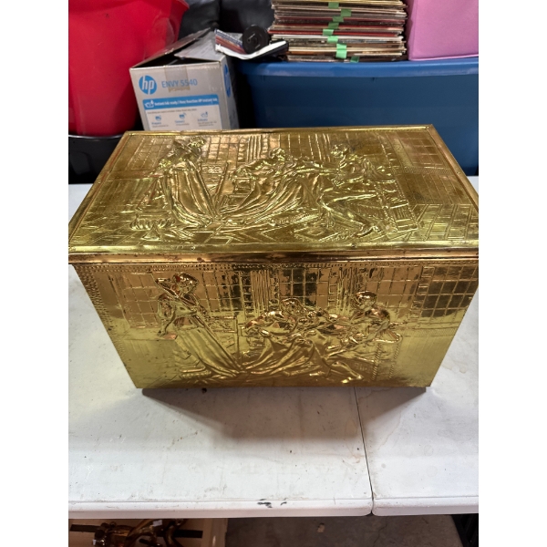 Vintage embossed brass fireplace coal or kindling box with decorative scenes of figures