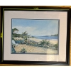 Image 4 :  framed and matted watercolor painting featuring a coastal scene with a garden path, stone wall, and
