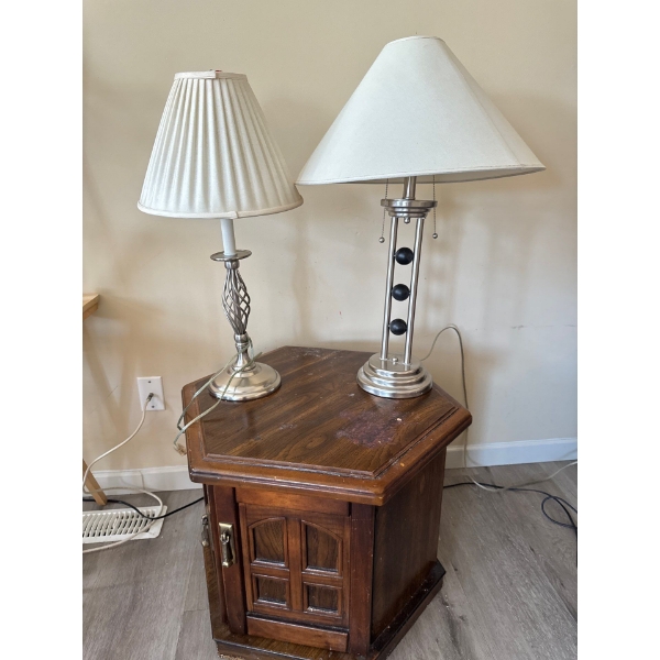 Two decorative lamps with vintage wood octagon side table, the smaller lamp is 26in tall and the big