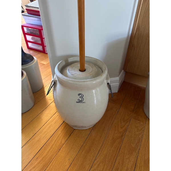  Antique Medalta Potteries stoneware butter churn, likely produced in Medicine Hat, Alberta, Canada.