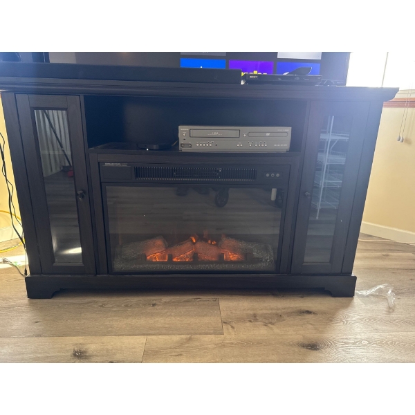 Heated fireplace TV stand, 57in long, 34in tall, 15.5in deep with two side storage cabinets with gla
