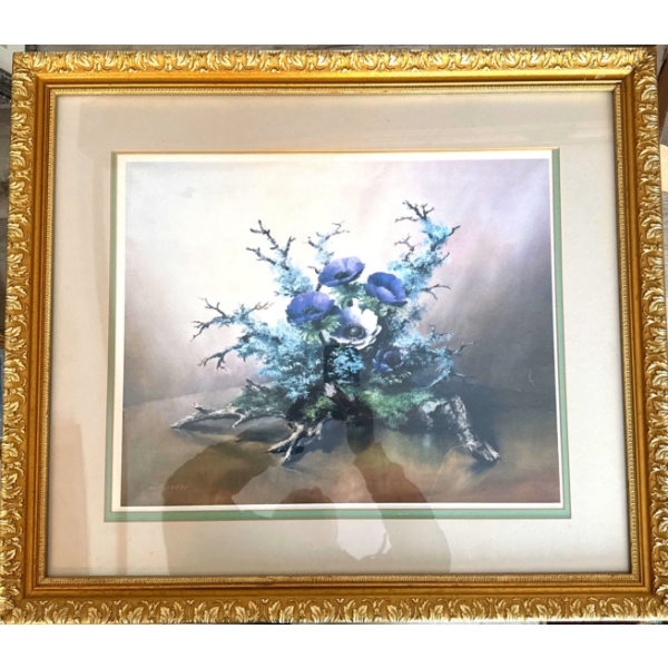  framed decorative painting featuring a floral arrangement with blue flowers, likely anemones, arran