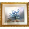 Image 1 :  framed decorative painting featuring a floral arrangement with blue flowers, likely anemones, arran