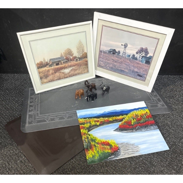 Collection Of Home Decor  Wall Art, Four Elephant Statues & Butchers Mat
