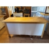 Image 1 :  kitchen island featuring a butcher block countertop, drawers, and open shelving. 