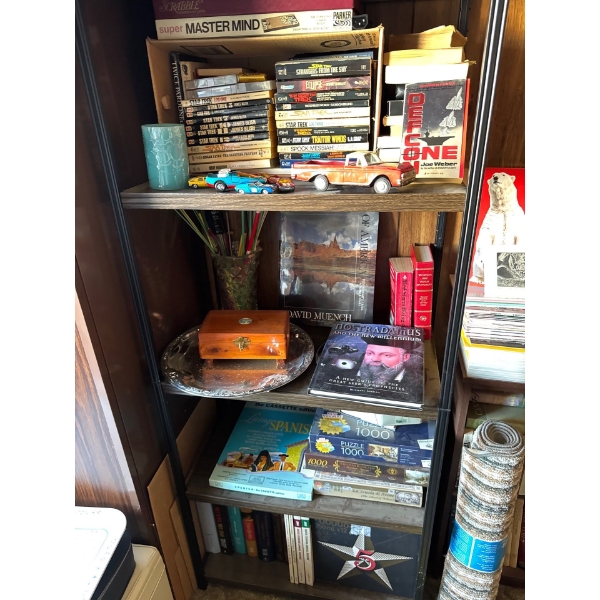 Star Trek book collection. Five shelf shelf metal legs, with matchbox cars, serving tray box of unkn