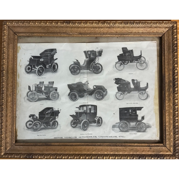 Framed antique print illustrating various early 20th-century motor vehicles, styled like a page from
